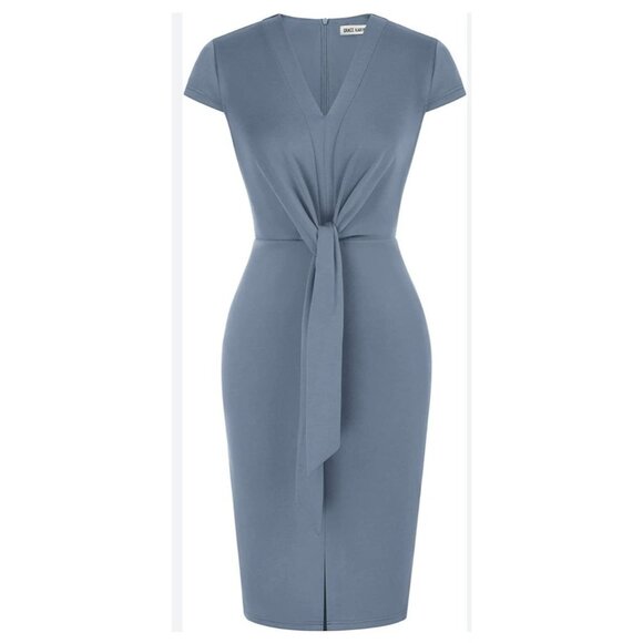 Grace Karin Womens XL Blue Midi Dress Tie Waist & V-Neck Stylish Slit Elegant - Picture 1 of 12